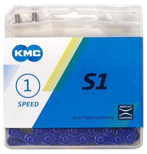 Цепь KMC S1 для 1 скорости, 1/2"х1/8", 112 звеньев, пин 8.7мм, с замком, синяя 