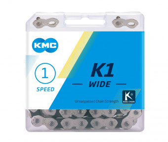Цепь KMC K1-W 1ск для BMX, Dirt, Fixed, 1/2"х1/8", 110 звеньев, пин 9.3мм, с замком, серебристая