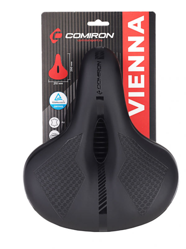 Седло велосипедное комфортное COMIRON VIENNA C029 250x210,  PU с пресс. принтом, Чёрный