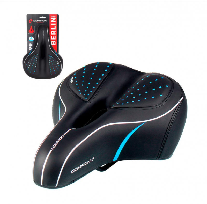 Седло велосипедное гелевое комфортное COMIRON BERLIN FITNESS C014 270X195, Чёрный+Синий