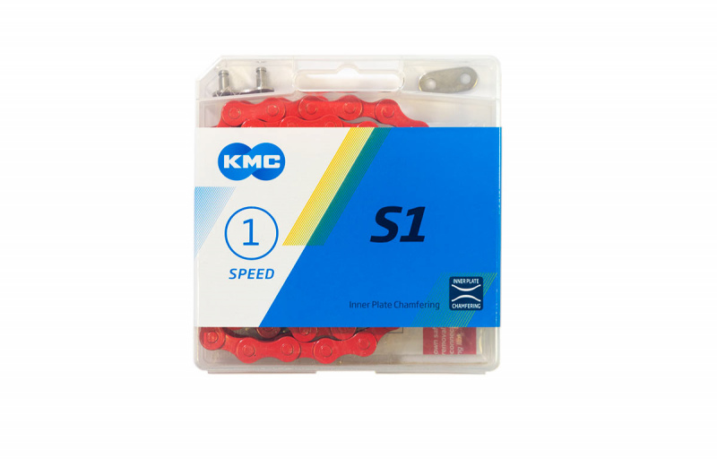 Цепь KMC S1 для 1 скорости, 1/2"х1/8", 112 звеньев, пин 8.7мм, с замком, красная CH-Z-S1-1-R		