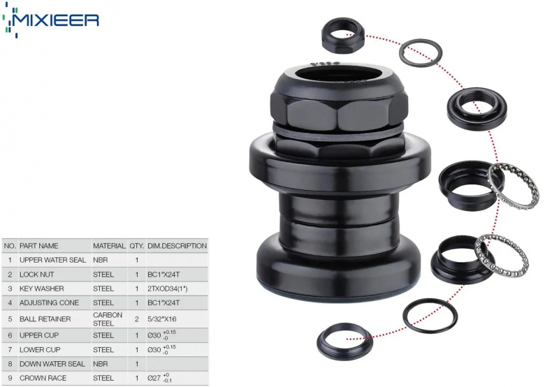 Рулевая колонка MIXIEER, 1", резьбовая, EC 30/25.4-24T EC 30/27, подшипники 5/32"x16- 2шт, высота 36