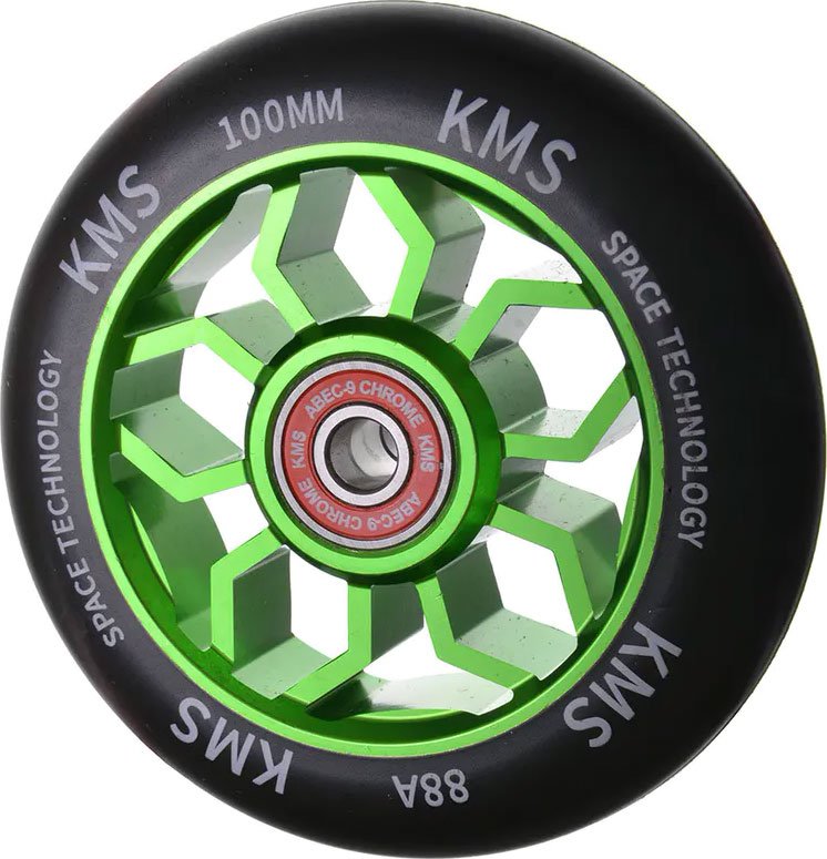 Колесо для трюковых самокатов зеленый, (форма - медуза),100мм, алюминиевый, с подшипниками 