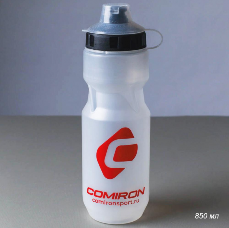 Бутылка для воды COMIRON "Advance" с пылевой крышкой и одноцветным принтом. Прозрачная. 850 мл.