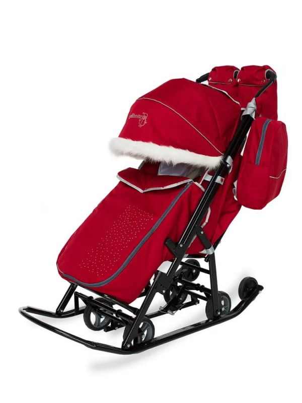 Санки-коляска с бампером, детские, зимние на колесах Pikate "Снеговик" красный