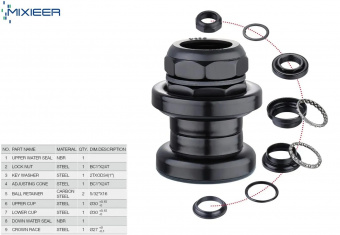 Рулевая колонка MIXIEER, 1", резьбовая, EC 30/25.4-24T EC 30/27, подшипники 5/32"x16- 2шт, высота 36