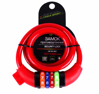 Замок велосипедный кодовый 10*1000мм, красный тросик VS 101.427 red,Vinca Sport	
