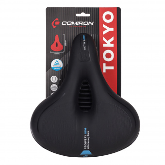 Седло велосипедное комфортное COMIRON TOKYO C012 265x220, MEMORY FOAM, с пресс. принтом,Чёрный-синий