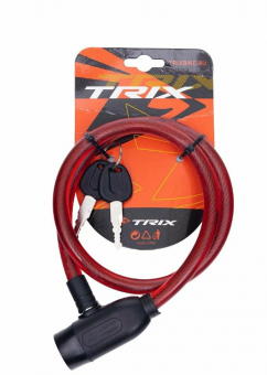 Замок велосипедный TRIX, трос стальной, с ключами 12х800мм, в пластиковой оболочке, красный